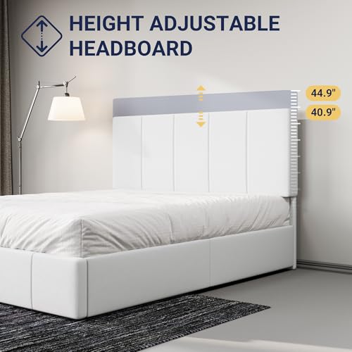 Allewie Queen Size Dutch Velvet Upholstered Platform Bed Frame/Vertical Channel Tufted Adjustable Headboard/Low Profile Bed Frame/No Box Spring Needed/Easy Assembly/White - color: White, size: Queen