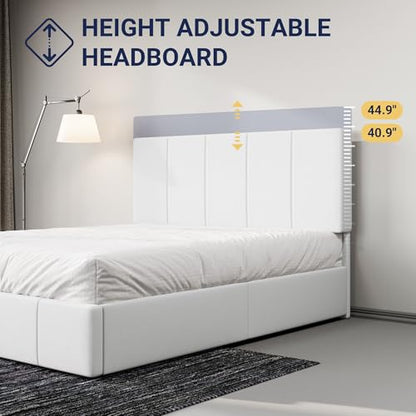 Allewie Queen Size Dutch Velvet Upholstered Platform Bed Frame/Vertical Channel Tufted Adjustable Headboard/Low Profile Bed Frame/No Box Spring Needed/Easy Assembly/White - color: White, size: Queen