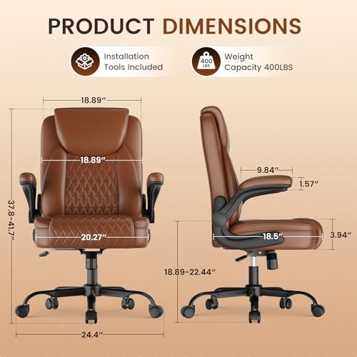 GTPLAYER PU Leather Office Chair, Home Desk Chair with Flip-up Arms, Brown | Ergonomic Back, Comfy Executive Chair for Home Office Gaming, Flexible Rocking, Heavy Duty Chairs - color: Brown