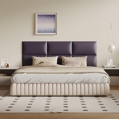 Purple Faux Leather Headboard for Queen Bed - 9-Panel Peel & Stick Wall-Mount or Freestanding Design, 24x12-Inch Upholstered Panels - color: Deep Purple