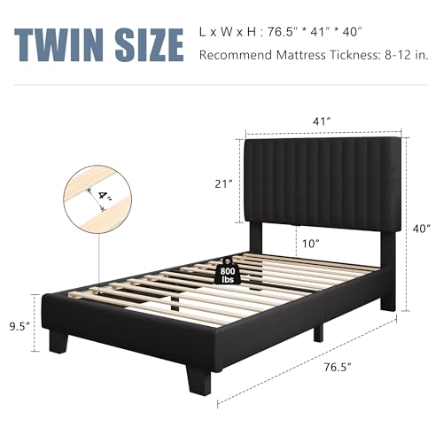 Einhomn Twin Size Bed Frame with Headboard, Upholstered Linen Platform Bedframe with Solid Wooden Slats, Noise-Free, No Box Spring Needed, Easy Assembly, Black - color: Black, size: Twin