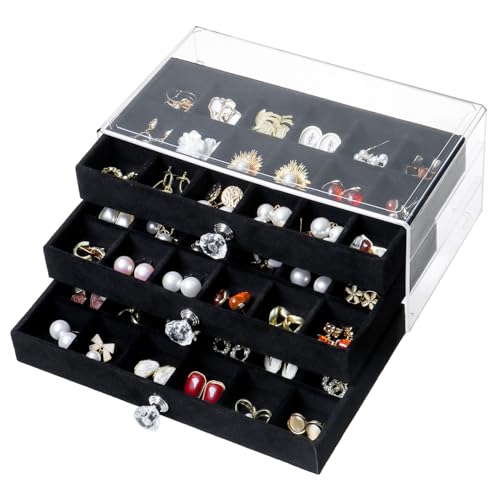 SPAKOWN Earring Box Holder Organizer Display Case | Clear Velvet Jewelry Storage Tray Organizer for Earring Ring Stud (Black - 3 Drawers) - color: Black, size: 3 Drawers
