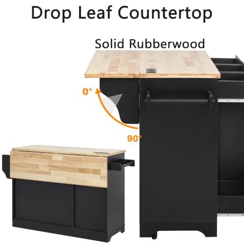 Kitchen Island with Trash Can Storage & Pull-Out Trays | Solid Rubberwood Countertop Kitchen Island on Wheels, Drop Leaf, Power Outlet, 3 Drawers - color: Black