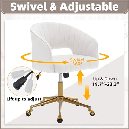 Desk Chair with Wheels, Gold Base, Velvet Accent Vanity Armchair, Off-White | Spacious‌ Soft Seat, Swivel Height Adjustable, Rocking Function, Modern Stripe for Girls &Women Bedroom Makeup or Nail - color: Off-white Cream Velvet