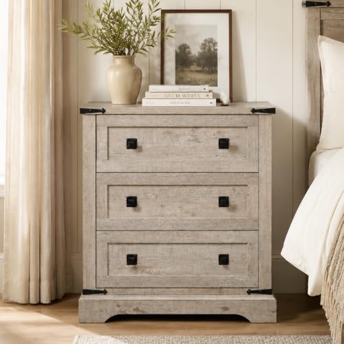T4TREAM 32" Farmhouse 3 Drawer Dressers, Large End Table w/Charging Station | Rustic Wood Bedside Table for Bedroom, Living Room, Hallway, Light Rustic Oak - color: Light Rustic Oak, size: 15.8"D x 32"W x 32"H (3 Drawers)