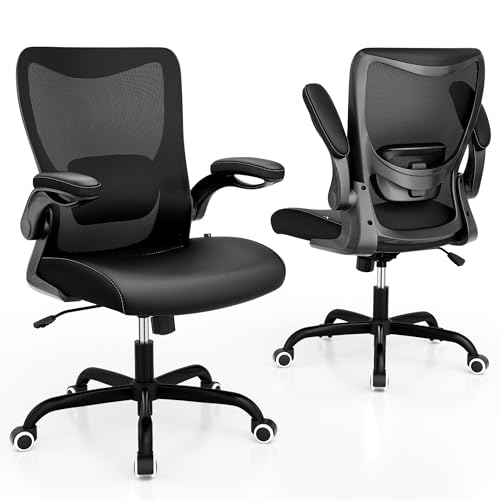 Office Chair, PU Leather Ergonomic Desk Chair with Adjustable Lumbar Support and Flip up Armrest, Breathable Mesh Computer Chair for Home Office, Black - color: Nori Black (Pu Leather Seat)