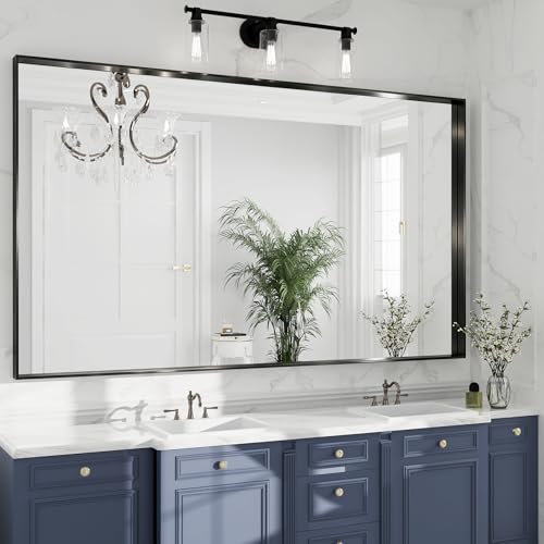 60x36 Black Bathroom Mirrors for Over Sink, Wall Mounted Bathroom Vanity Mirror, HD Distortion-Free Tempered Glass, Anti-Rust Brushed Matte Aluminum Alloy Frame, Horizontal or Vertical Hanging - size: 60"L x 36"W
