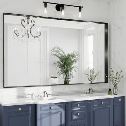 60x36 Black Bathroom Mirrors for Over Sink, Wall Mounted Bathroom Vanity Mirror, HD Distortion-Free Tempered Glass, Anti-Rust Brushed Matte Aluminum Alloy Frame, Horizontal or Vertical Hanging - size: 60"L x 36"W