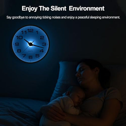 JoFomp Lighted Wall Clocks Battery Operated, 12 Inch Wall Clock for Bedroom Night Glow, Light Up Wall Clock Silent, Glow in The Dark Wall Clocks for Living Room Decor, Light Sensor - Auto Lighting - size: 12 Inch