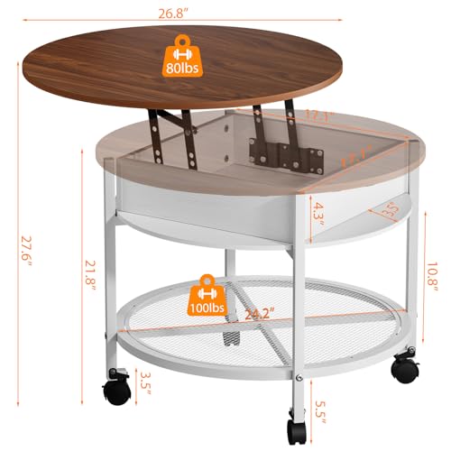 VINGLI 27" Round Lift Top Coffee Table with Wheels & Lights, White & Brown | Removable Coffee Table with Hidden Compartment Storage & Metal Shelf, Small Farmhouse Coffee Tables for Living Room, Office - color: White & Brown