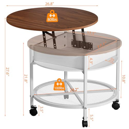 VINGLI 27" Round Lift Top Coffee Table with Wheels & Lights, White & Brown | Removable Coffee Table with Hidden Compartment Storage & Metal Shelf, Small Farmhouse Coffee Tables for Living Room, Office - color: White & Brown