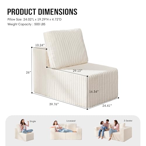 Hobestluk 1 Seat Large Sofa with L Shape Memory Foam Cloud Couch Sofa | STRIP WHITE,Single,Cozy Fabric,No Assembly,Cloud Chair,With Pillows,For Livingroom Bedroom,Free Combination - color: White, size: Single