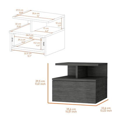 FM FURNITURE Floating Nightstand with Drawer and 2 Tier Shelf, Wall Mounted Bedside Table, Space Saving End Table for Bedroom, Smokey Oak, 14" Wide - color: Smokey Oak