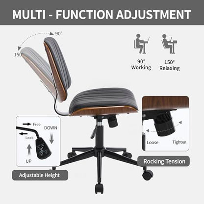 VipDesk Small Home Office Chair - Armless Mid Back Desk Chair with 360° Swivel and Wheels, PU Upholstered Height Adjustable Modern Walnut Computer Chair for Home, Office Meeting Room - Black - color: Black, size: Classic