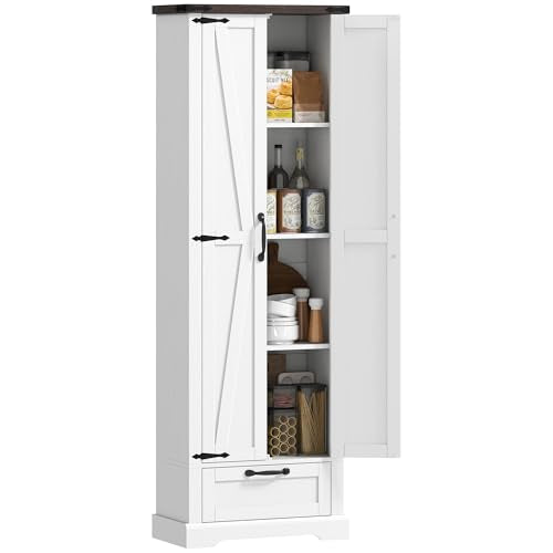 HOMCOM 71" Tall Kitchen Pantry Storage Cabinet Barn Doors Drawer White | Farmhouse, Adjustable Shelves, Freestanding Food Pantry Cabinet, for Kitchen, Dining Room - color: White