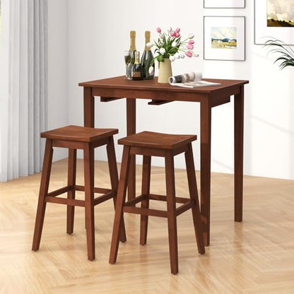 COSTWAY 3-Piece Bar Table Set, Wooden Bistro Set w/Pub Table and 2 Saddle Stools, Bar Chairs Under Counter Height Table, Space-Saving Dining Set for Breakfast Nook, Living Room, Small Space | Bar Chairs Under Counter Height Table, Space-saving Dining Set