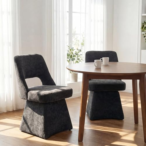 VKNOW Upholstered Swivel Dining Chair with Curved Open Back | Modern Dining Room Chairs with Chenille Fabric, Space-saving, Easy Assembly, for Dining Room, Living Room, Bedroom, Black - color: Black