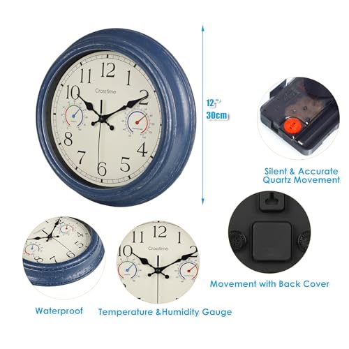 Crosstime 12 Inch Outdoor Clock Waterproof with Thermometer & Hygrometer – Silent Retro Wall Clock for Patio, Pool, Porch, Backyard, Bathroom – Blue - color: 12" Blue