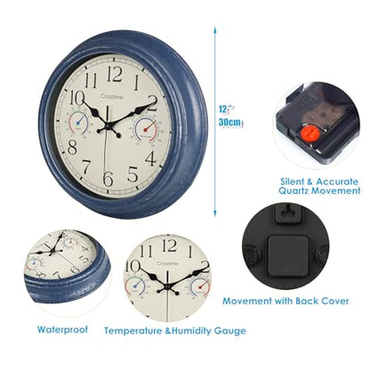 Crosstime 12 Inch Outdoor Clock Waterproof with Thermometer & Hygrometer – Silent Retro Wall Clock for Patio, Pool, Porch, Backyard, Bathroom – Blue - color: 12" Blue