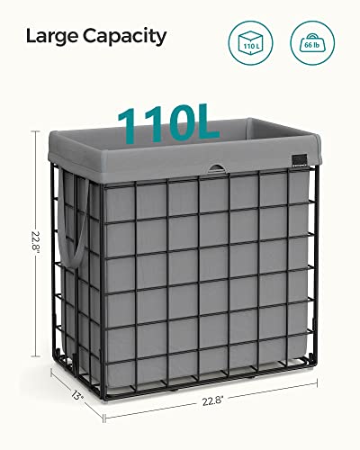 SONGMICS 29 Gal. (110L) Laundry Basket, Laundry Hamper, Collapsible Clothes Hamper, Removable and Washable Liner, Metal Wire Frame, for Bedroom Bathroom, Black and Gray ULCB111G01 - color: Black + Gray, size: 110 L