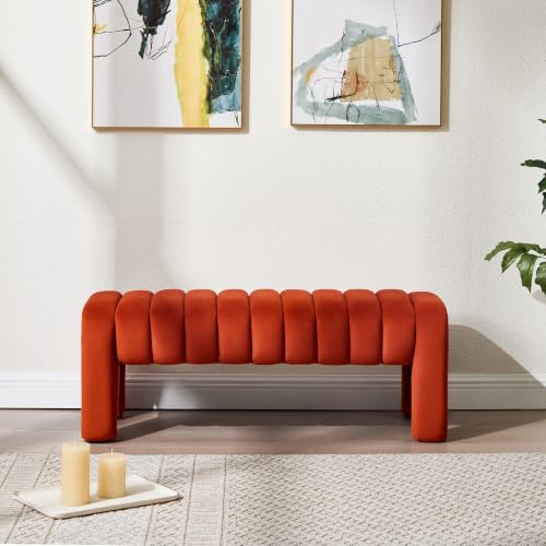 43.3" Bedroom Bench, Upholstered Entryway Bench, Modern End of Bed Ottoman with Solid Wood Legs and Adjustable Foot Pegs for Entryway, Dining Room and Living Room (Rust Velvet) - color: Rust Velvet, size: 43.3"