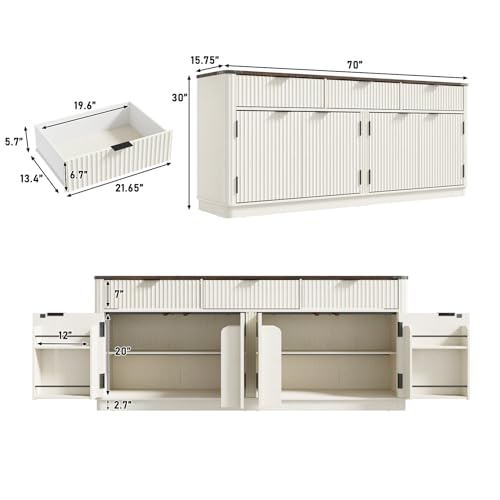 chartustriable 70” Rounded Edge Large Sideboard Buffet Cabinet with 3 Storage Drawers,Farmhouse Kitchen Fluted Sideboard Cabinet w 4 Door Shelves,Wood Coffee Bar Cabinets,Kitchen Pantry(Off White) - color: Off White