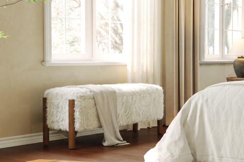 Modern Storage Benches with Walnut Wood Legs, 47'' Ottoman Bench with 20 Gallons Storage Space for Bedroom End of Bed, Faux Fur Fabric Upholstered Entryway Bench, Beige - color: Faux Fur-beige