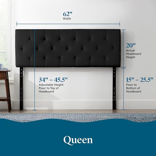 Lucid Mid-Rise Upholstered Headboard - Diamond Tufted - Padded Polyester - Adjustable Height from 34” to 46” - Easy Assembly - Bed Frame or Wall Mount - Sturdy - Black - Queen Size - color: Black, size: Queen