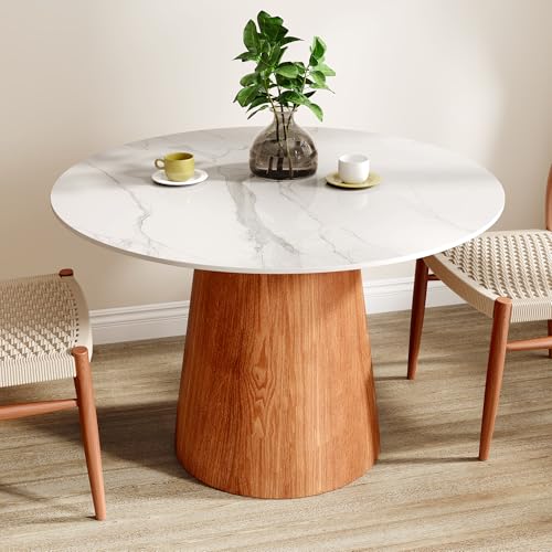 43" Round Dining Table for 4, Sintered Stone Top Solid Wood Pedestal, Snowy White+Brown (Table Only) - color: Snowy White+brown, size: 43"