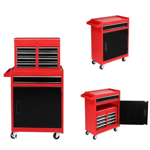 TUFFIOM 5-Drawer Rolling Tool Chest, Tool Storage Cabinet w/Drawers, Lockable Wheels, Detachable Top & Adjustable Shelf, Mechanic Tool Organizer Box for Garage, Workshop, Warehouse & Repair Shop - color: Red&black, size: 5Drawer