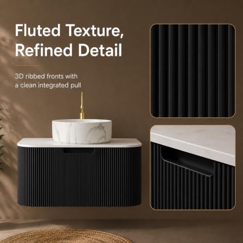 24" Floating Bathroom Vanity with Sink, Wall Mounted Plywood Cabinet, Black Fluted Front, Sintered Stone Countertop, White Marble-Look Ceramic Vessel Sink, Soft-Close Drawer, Pre-Assembled - color: Black Cabinet / White Marble Sink, size: 24 Inch