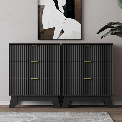 Night Stand Set 2, Bedside Table & End Table, Mid Century Modern Fluted Wood Nightstand with 3 Drawers & Metal Handles, Farmhouse Nightstand for Bedroom, Black - color: Black, style: 3 Drawers-2 PCS