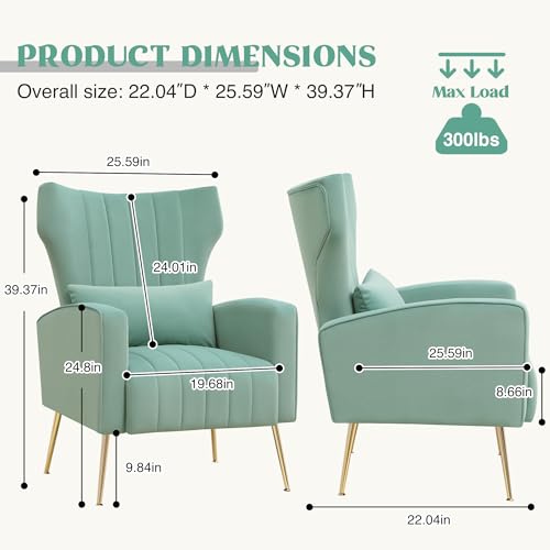 Accent Chairs Set of 2,Upholstered Living Room Chairs,High Back Arm Chairs with Metal Legs Lumbar Reading Chairs for Living Room,Bedroom, Apartment Lake Green - color: Lake Green, size: Set of 2