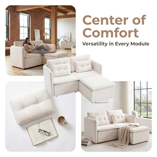 HNY 56.5" Modern Loveseat Sofa, Beige | 2-Seat Button Tufted Love Seat, Deep Seat Chenille Fabric With Pillow, Small Couch for Bedroom, Apartment, Home Furniture - color: Beige, size: 2 Seater-L Shape