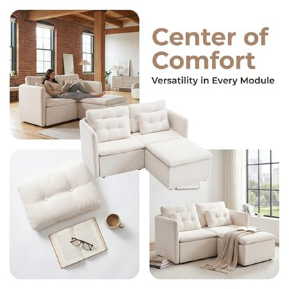 HNY 56.5" Modern Loveseat Sofa, Beige | 2-Seat Button Tufted Love Seat, Deep Seat Chenille Fabric With Pillow, Small Couch for Bedroom, Apartment, Home Furniture - color: Beige, size: 2 Seater-L Shape
