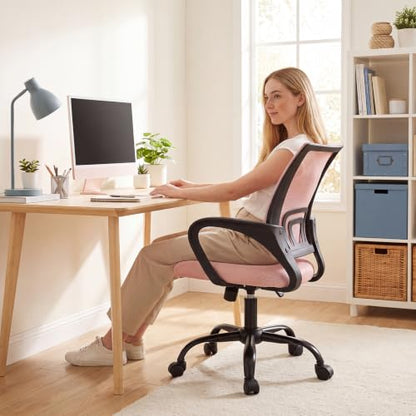 DUMOS Ergonomic Home Office Chair, Executive Mesh Desk Chair | Height Adjustable, Lumbar Support, Breathable Backrest, Fixed Armrest, Rolling Wheels, Computer Gaming, Meeting, New Pink - color: New Pink