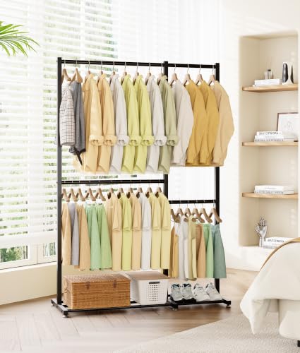 Clothing Rack with 4 Hanging Sections, 47.2" x 17.7" x 69.9", Double Rod Garment Rack with Storage Shelves, Freestanding Closet Organizer for Bedroom, Laundry Room, Portable Metal Clothes Rack, Black - color: Black