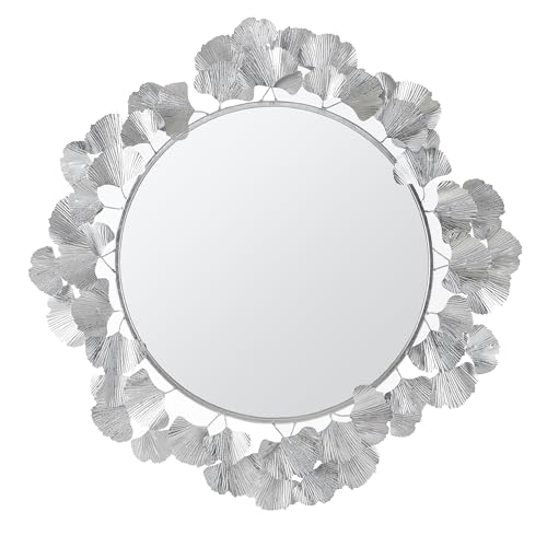 Martha Stewart Wall Décor Large Gingko Leaf Round Wall Mirror for Living Room, Iron Metal Plate Frame Antique Finish, Ready to Hang Bedroom Decoration, Eden, 30.5", Silver - color: Silver