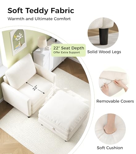 Welzona 3-Layers Cloud Accent Chair with Ottoman, 33" Teddy Reading Chair | Comfy Teddy Fabric, Washable Covers, Tool-Free Setup, All-wood Arm Chair and Ottoman Sets for Living Room, Bedroom, Beige - color: Beige, size: cloud chair & ottoman