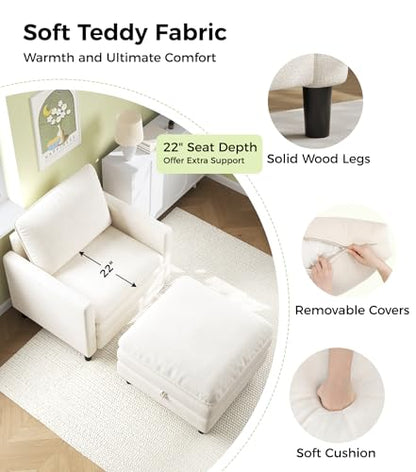 Welzona 3-Layers Cloud Accent Chair with Ottoman, 33" Teddy Reading Chair | Comfy Teddy Fabric, Washable Covers, Tool-Free Setup, All-wood Arm Chair and Ottoman Sets for Living Room, Bedroom, Beige - color: Beige, size: cloud chair & ottoman
