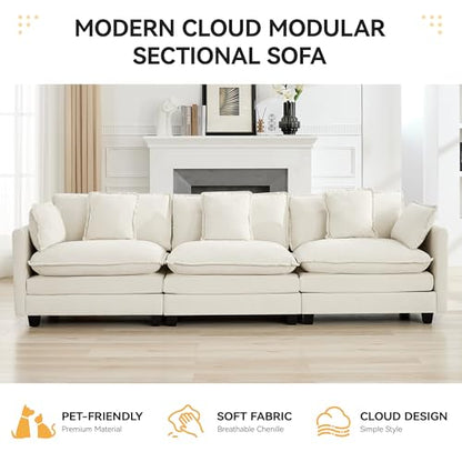 111'' Sectional Cloud Deep Seat Couch, Modern Comfy Chenille Modular Sectional Sofa for Living Room Set, Upholstered Modular 3-Seats Sofa Couch, Beige - color: Beige, size: 111'' 3 Seats