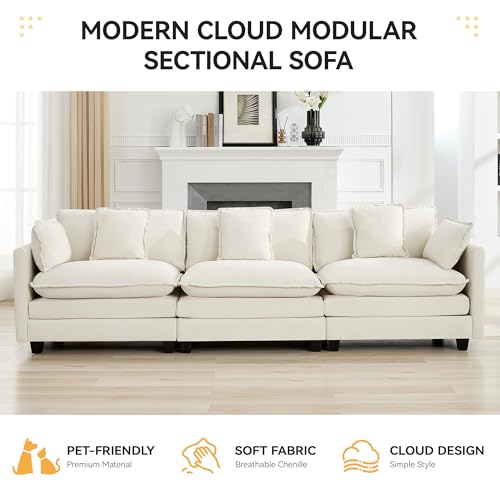 111'' Sectional Cloud Deep Seat Couch, Modern Comfy Chenille Modular Sectional Sofa for Living Room Set, Upholstered Modular 3-Seats Sofa Couch, Beige - color: Beige, size: 111'' 3 Seats