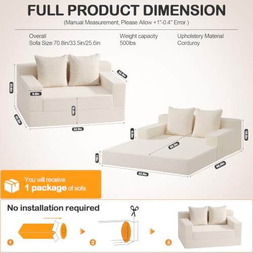 Erament Convertible Sofa Bed, Loveseat Folding Floor Futon Sleeper Sofa Couch Bed- Boneless Foldable Couch, Corduroy Pull Out Sofa Bed with 2 Pillows for Living Room & Bedroom - color: Beige, size: 54''(Lovesat)