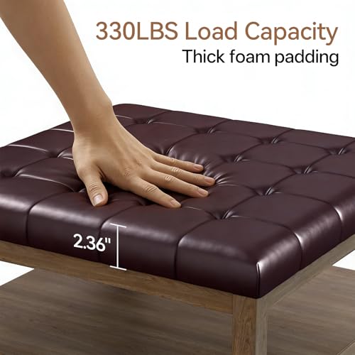 ABHENG 31.5" Large Square Storage Ottoman, Upholstery Solid Rubberwood Coffee Couch Table with Open Shelf, Foot Stool Load up to 330lb, Sythetic Leather Brown UASND67R - color: Brown, size: 31.5"D x 31.5"W x 20"H