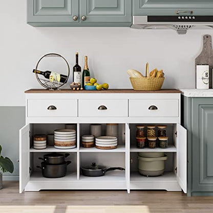 White Buffet Cabinet Storage Sideboard Farmhouse Server Bar Wine Cabinet with 3 Drawers & 3 Doors Adjustable Shelves Console Table for Dining Living Room Kitchen Cupboard - size: 15.6"D x 53.5"W x 34.1"H