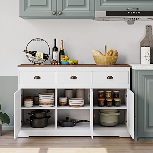 White Buffet Cabinet Storage Sideboard Farmhouse Server Bar Wine Cabinet with 3 Drawers & 3 Doors Adjustable Shelves Console Table for Dining Living Room Kitchen Cupboard - size: 15.6"D x 53.5"W x 34.1"H
