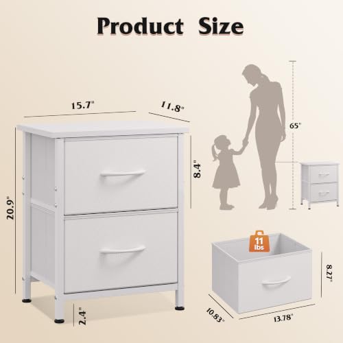 WLIVE White Night Stand, Small Dresser with 2 Drawers & Wooden Top, White | Nightstand with Fabric Bins, Bedside Table End Table for Bedroom, 15-Min Quick-Assembly - color: White, size: 11.8"D x 15.7"W x 20.9"H