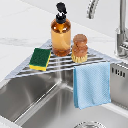 HANZENMA Triangular Sink Rack, Multi-Functional Rack Above the countertop, Foldable Sink Drying mat, Heat-Resistant, Non-Slip, and Rust-Proof Dish Rack (Gray) - color: Gray, size: Triangle: 15.8" x 9"