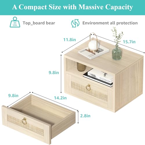 Floating Nightstand Set of 2 with Drawer for Wall Mounted Hanging Rattan Night Stand Bed Side Tables Wooden End Table Small Boho Dressers for Bedroom Farmhouse Shelves with Drawers