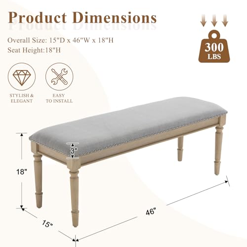 46'' French Country Entryway Bench Wooden Linen Fabric Upholstered Seat Dinng Bench with Nailhead Trim for Hallway End of Bed, Grey - color: Linen, Grey, Nailhead Trim